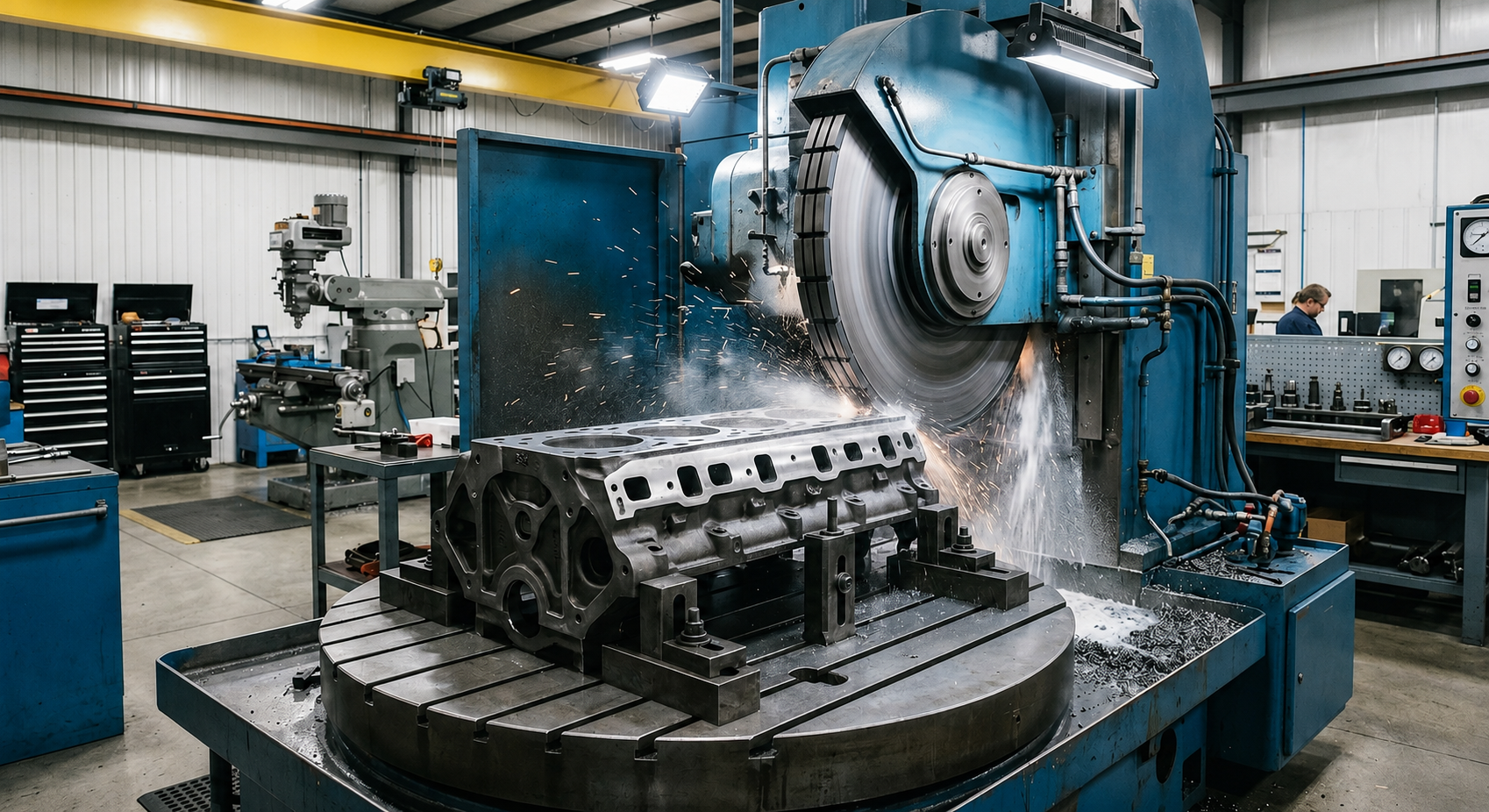 Cast iron engine cylinder head on a rotary surface grinder Cast iron engine cylinder head on a rotary surface grinder