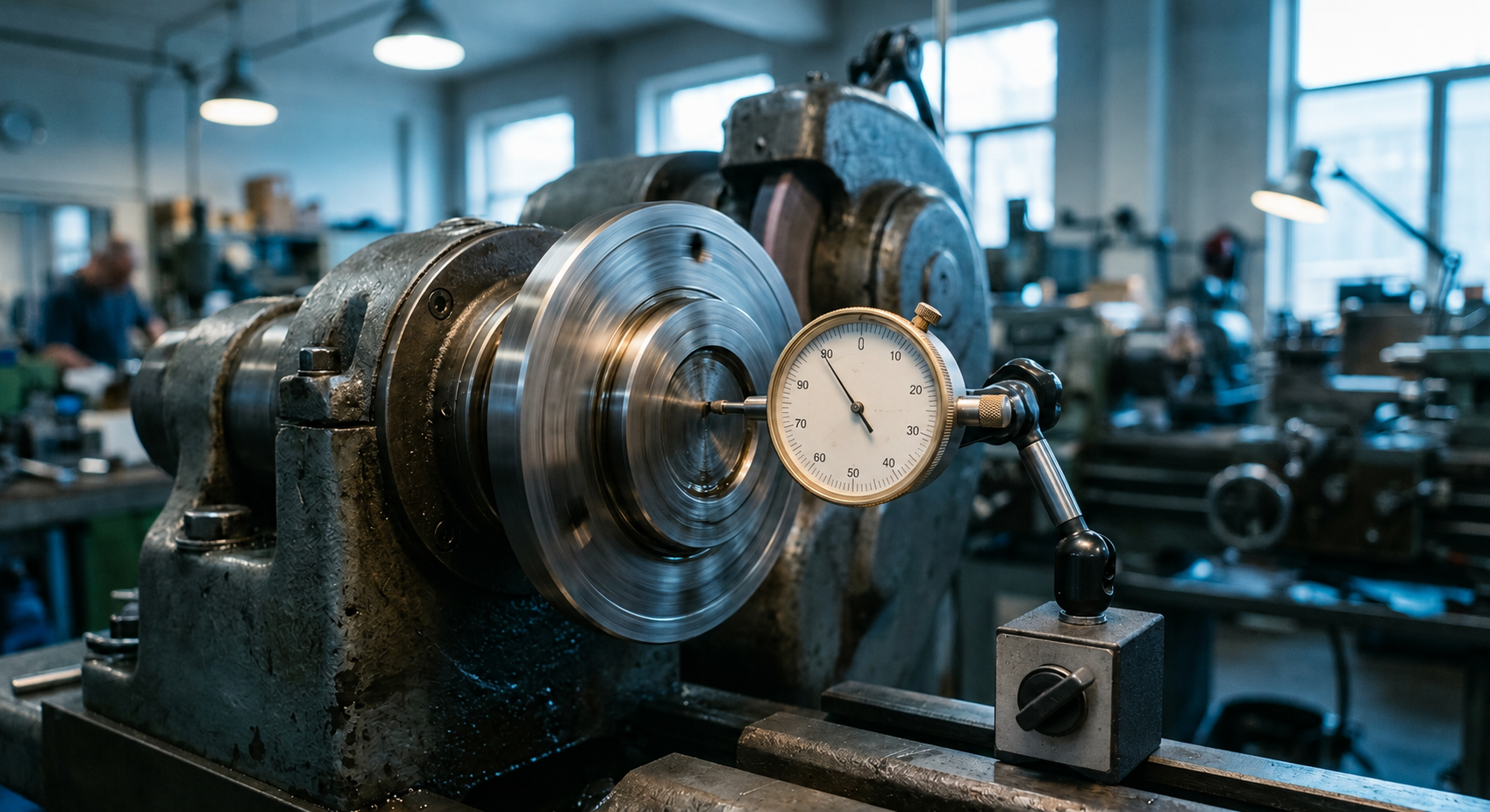 Dial indicator measuring spindle runout on grinding machine