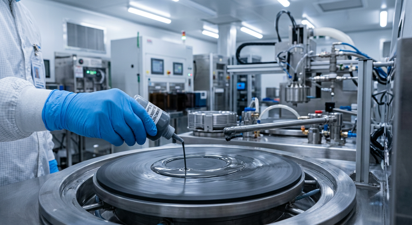 Diamond polishing slurry being applied to a semiconductor wafer on a CMP polishing pad in a cleanroom environment