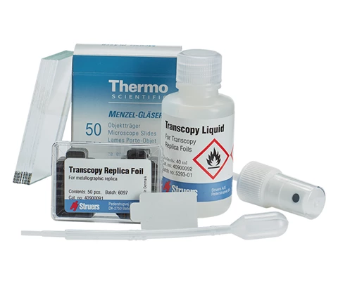 Transcopy Kit, 50 pcs. 20 x 30 mm replica foils, 40 ml liquid, spray nozzle, pipette and microscope slides